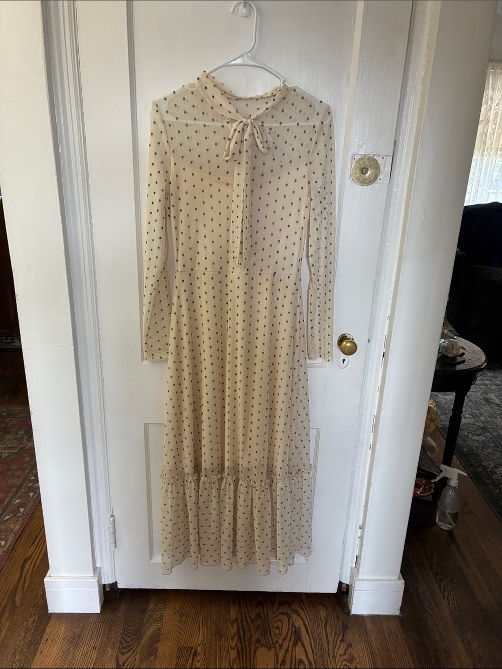 Cream Polka Dot Tie-Neck Maxi Dress
